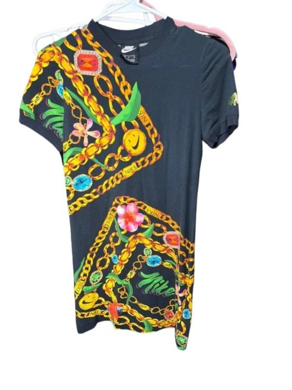 Rare Nike Chain Print T-Shirt Dress Black Gold Women's Size Medium M